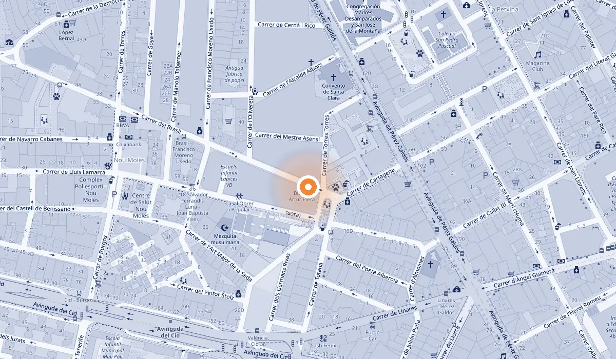 Mapa de la zona con la oficina de JM2 Informática marcada, en la Calle Brasil 5 de Valencia