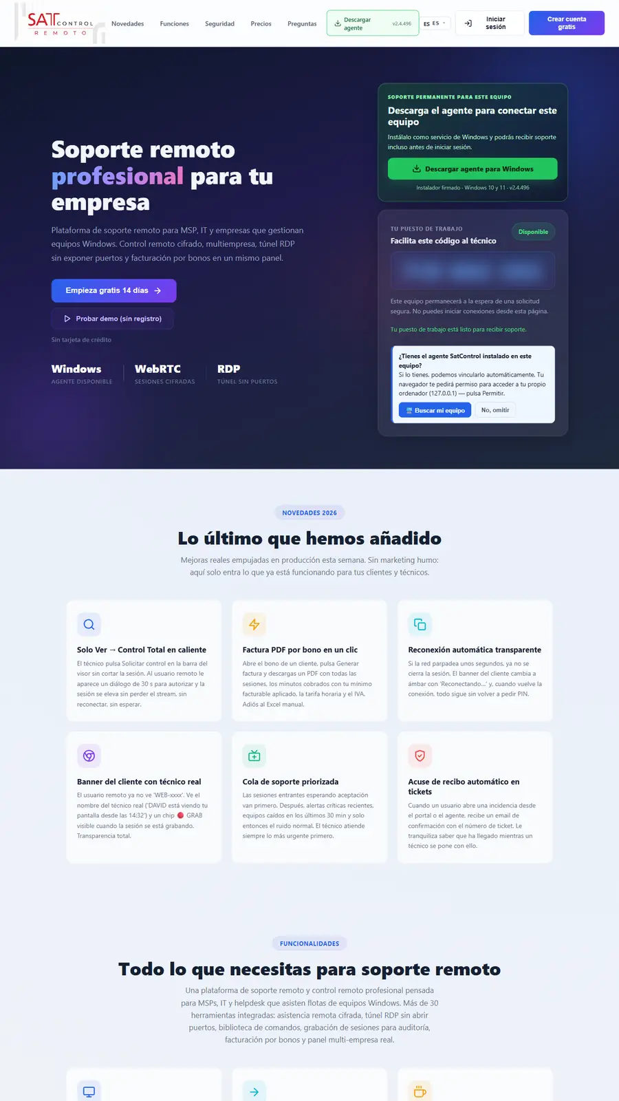 Página principal de la web de Soporte Remoto